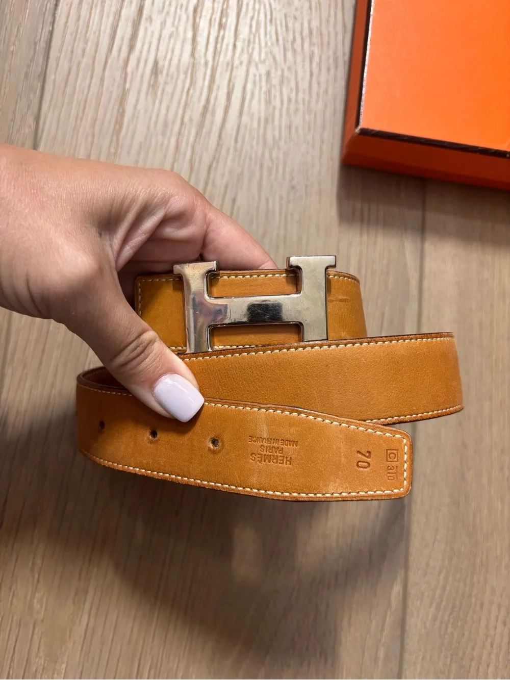 Authentic HERMES brown leather H silver Constance buckle belt 70cm